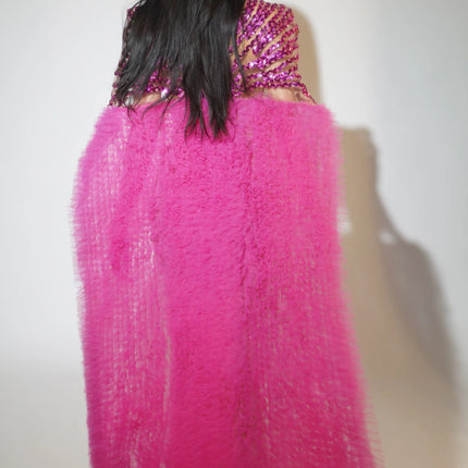 See Through Fuchsia Pink Evening Gown Long Tail Showgirl Stage Ball Dress