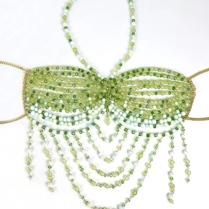 The Stardust Emerald Goddess – Handmade Green Rhinestone & Beaded Tassel Body Chain Halter Top