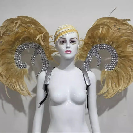 Showgirl Feather Wing Backpiece with Rhinestone Scroll Frames