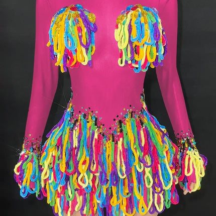 Rainbow Crystal Rhinestone Bodysuit Cascading Fringe Tassel Long-Sleeve Stage Costume