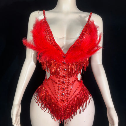 Sparkly Rhinestone Sequin Feather Bodysuit Showgirl Stage Performance Leotard