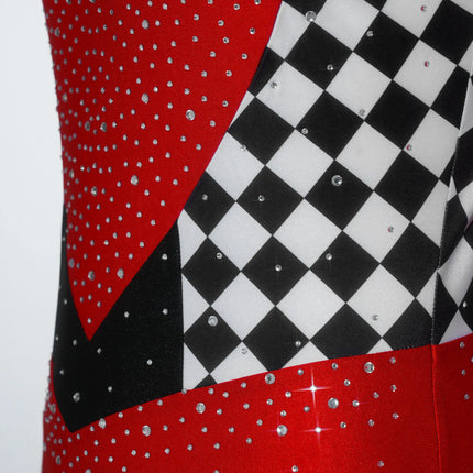 Queen of Hearts Rhinestone Halter Bodysuit & Sleeves Checkered Circus Stage Costume Set