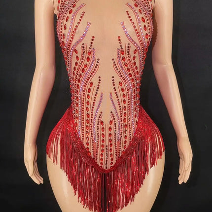Sparkly Rhinestone, Sequin & Fringe Sleeveless Bodysuit Stage Performance Costume