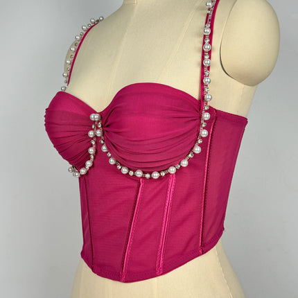 Pearl & Rhinestone Embroidered Bustier Corset Crop Top High Street Bralette