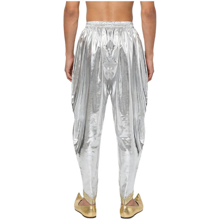 Men's Metallic Shiny Harem Dhoti Pants Gold Brocade Trim Prince Cosplay Costume