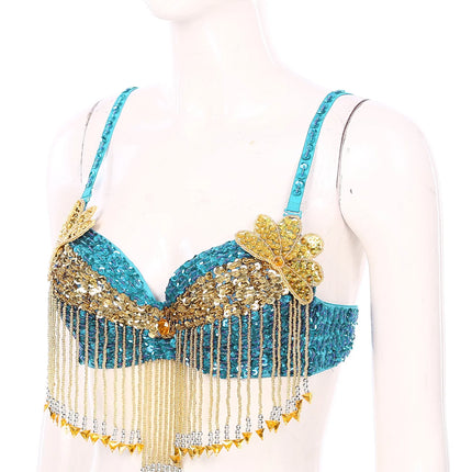 Sparkly Floral Beaded Sequin Belly Dance Bra & Tassel Performance Top