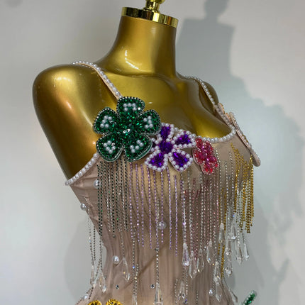 Colorful Rhinestone Pearl Sheer Dress & Two-Piece Mini Skirt Set Celebration Outfit