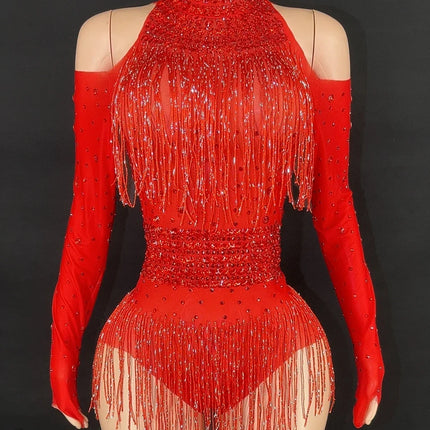 Sparkly Red Rhinestone & Fringe Long-Sleeve Mesh Bodysuit Dance Stage Costume