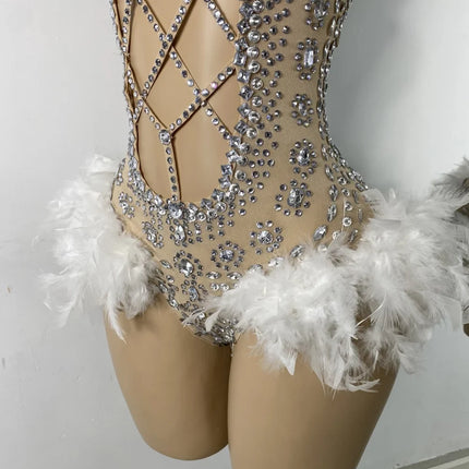 The Stardust Follies Feather Bodysuit – Luxury Rhinestone & Mesh Showgirl Costume
