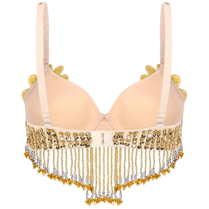 Sparkly Floral Beaded Sequin Belly Dance Bra & Tassel Performance Top