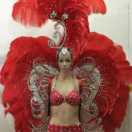 Ornate Red Feather & Rhinestone Carnival Set