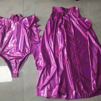 Metallic Armor Bodysuit & Trailing Bustle Skirt 2-Piece Stage Performance Costume Set