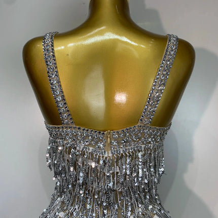 Sparkly Rhinestone Tassel Backless Mesh Bodysuit Luxury Stage Performance Costume