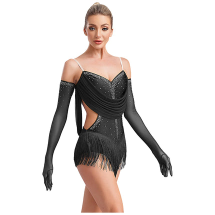 Sparkly Rhinestone & Tassel Fringe Dance Leotard with Gloves Two-Piece Stage Costume