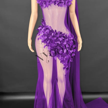 Sheer Rhinestone Applique Evening Gown Long Tail Showgirl Stage Performance Dress