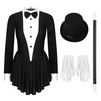 Tuxedo Bowknot Long Sleeve Ruffle Leotard Dress Magician Costume