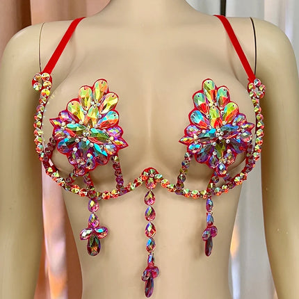 Sparkly Samba Carnival Stone Wire Bra Hand-Beaded Stage Costume Top