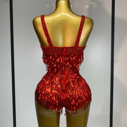 Sparkly Rhinestone Tassel Backless Mesh Bodysuit Luxury Stage Performance Costume