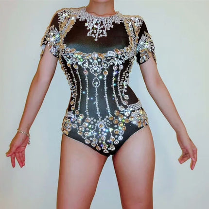 Pearl Rhinestone Bodysuit, Beaded Headpiece & Gloves 3-Piece Stage Costume Set