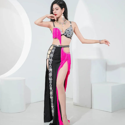 Sparkly Shaabi Belly Dance Competition Gown 4-Piece Beaded Bra, Skirt, Robe & Shorts Set