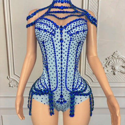 Sparkly Rhinestone Tassel Spandex Bodysuit Halter Dance Stage Costume Leotard