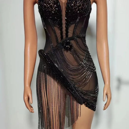 Sparkly Rhinestone & Fringe Sheer Mesh Mini Dress Stage Performance Costume