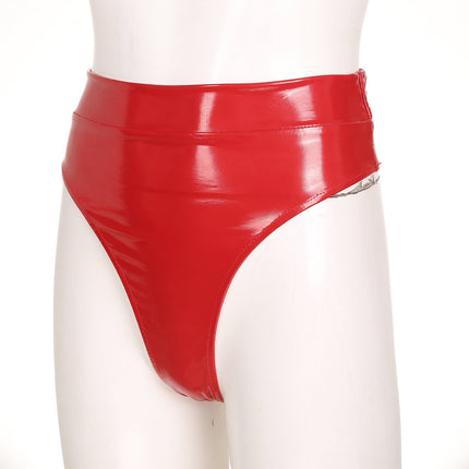 High-Waist Patent Leather Wet-Look Briefs with Adjustable Back Buckle Belt