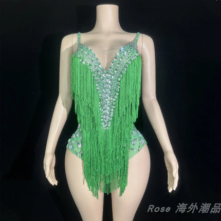 Custom Fringe Rhinestone Bodysuit & Stage Performance Dance Costume
