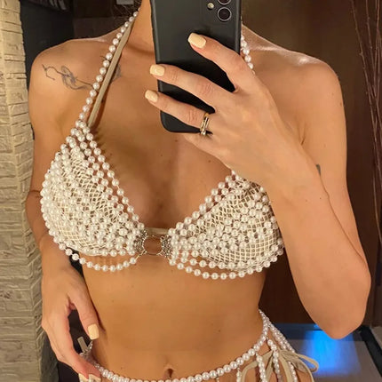The Venus Pearl Halter Bikini Top – Luxury Woven Diamond & Pearl Showgirl Swimwear