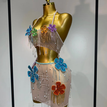 Colorful Rhinestone Pearl Sheer Dress & Two-Piece Mini Skirt Set Celebration Outfit