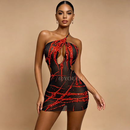 Crimson Flame Rhinestone Mesh Mini Dress Keyhole Cutout Backless Stage Costume