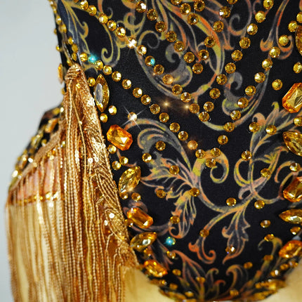 Gold Rhinestone & Tassel Sleeveless Bodysuit Salsa Latin Dance Stage Costume