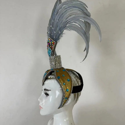 The Stardust Dionysia – Silver & Charcoal Feather Carnival & Masque Ball Headdress