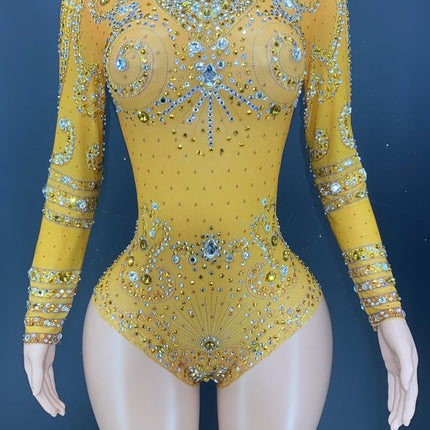 Sparkly Crystals Long-Sleeve Mesh Bodysuit Stage Performance Costume