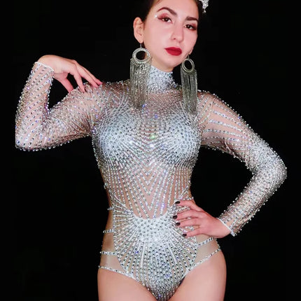 Rhinestone Mirror Bodysuit & Matching Crown Headdress Celebrity Party Stage Costume