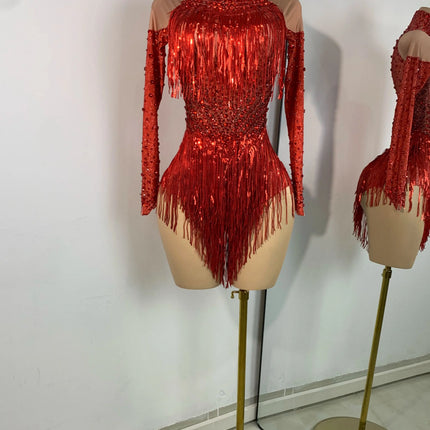 Red Rhinestones Skinny Bodysuit Women Sexy Long Sleeve Tassel Performance Singer Dance Costume Nightclub Celebrate Stage Wear