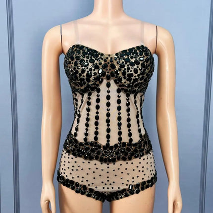 Sparkly Rhinestone Black Bodycon Sheer Mesh Bodysuit Nightclub Stage Outfit
