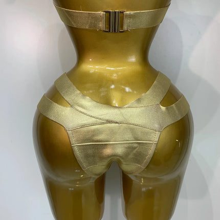 Gold Knitted Halter Bandage Two-Piece Set Stage Performance Costume Outfit