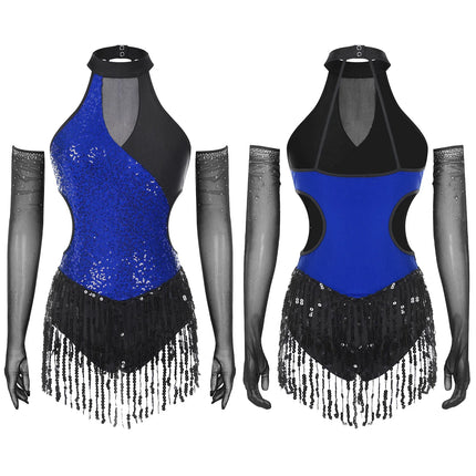 Sequined Fringe Latin Dance & Figure Skating Jumpsuit Leotard Set with Mesh Gloves
