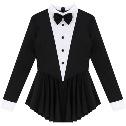 Tuxedo Bowknot Long Sleeve Ruffle Leotard Dress Magician Costume