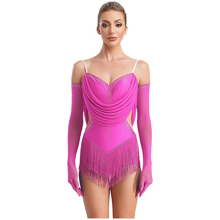 Sparkly Rhinestone & Tassel Fringe Dance Leotard with Gloves Two-Piece Stage Costume