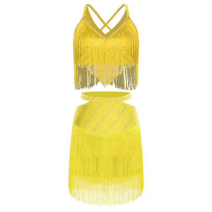 Sparkly Rhinestone & Tassel Fringe Two-Piece Latin Tango Dance Outfit Set