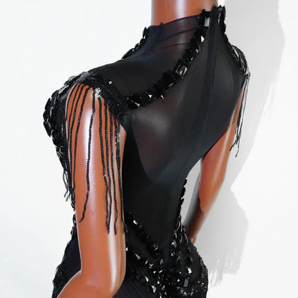 The Stardust Midnight Cabaret Bodysuit – Luxury Rhinestone & Mesh Showgirl Costume