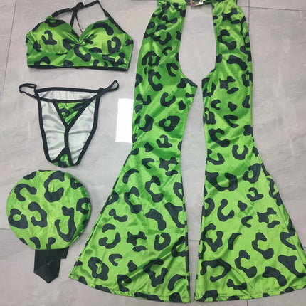 Neon Green Leopard Bikini Top, Wide-Leg Chaps Pants & Hat 4-Piece Stage Dance Costume Set