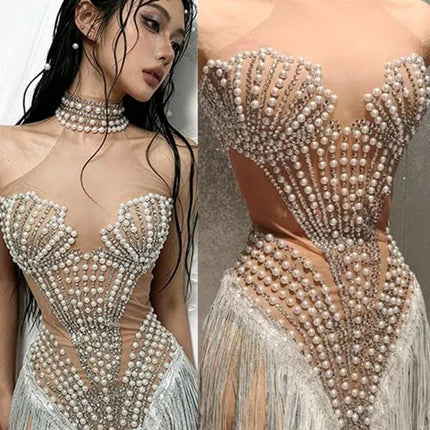 Sparkly Rhinestone, Pearl & Tassel Transparent Performance Dress Stage Costume