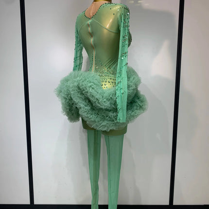 Luxury Green Diamonds Mesh See-Through Long Sleeve Jumpsuit Stage Performance Costume
