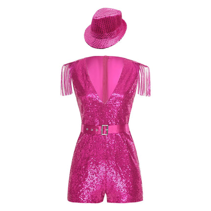 Sequin Tassel Romper, Adjustable Belt & Matching Hat Stage Dance Costume Set