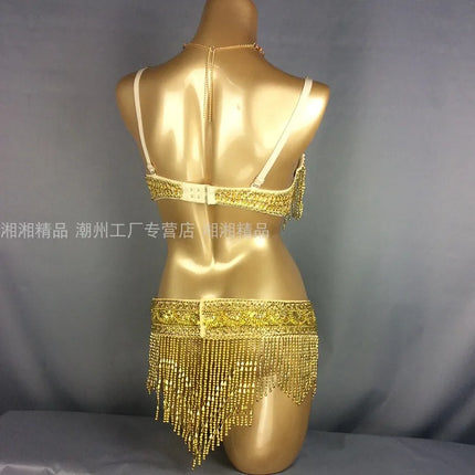The Stardust Cabaret 2-Piece Ensemble – Luxury Sequin Fringe Bra & Belt Set
