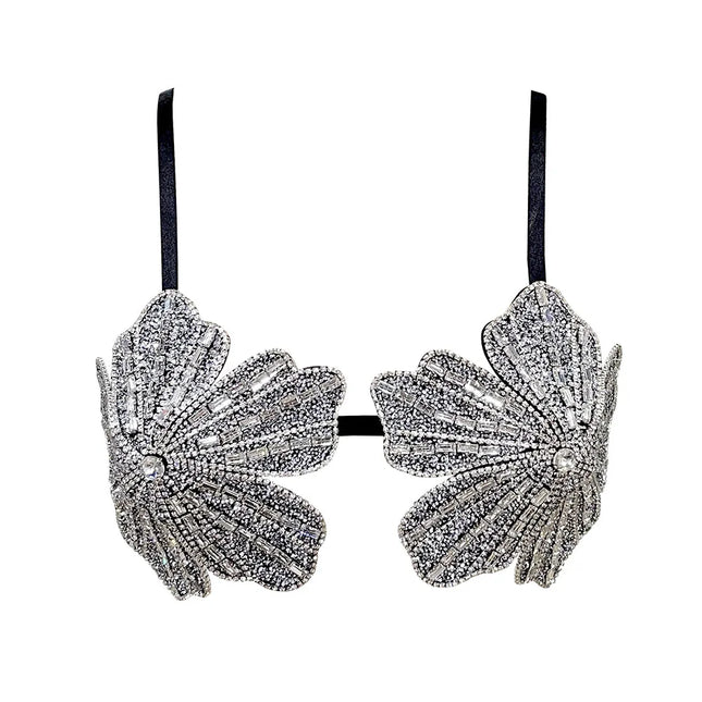 Handmade Crystal Flower Embroidery Rhinestone Costume Bra