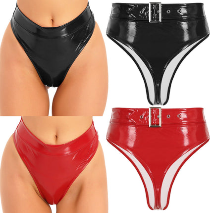 High-Waist Patent Leather Wet-Look Briefs with Adjustable Back Buckle Belt